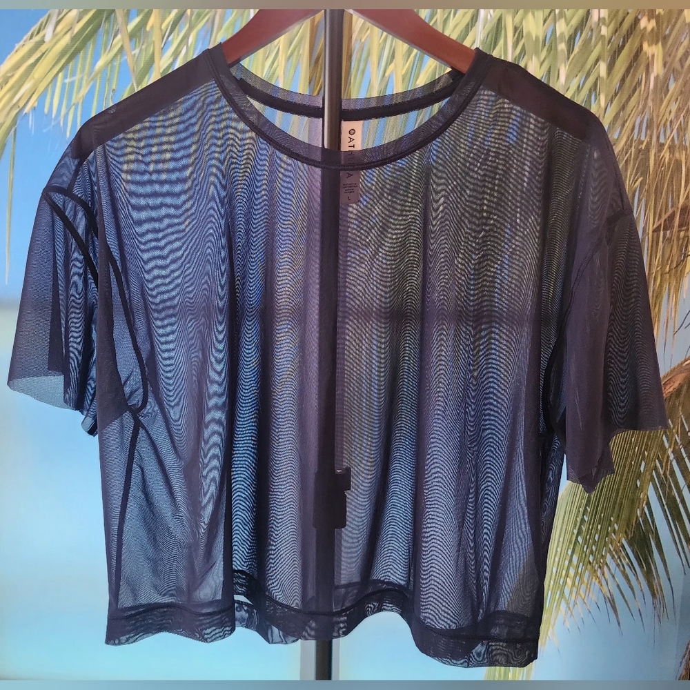 Athleta Black Sheer Crop Blouse Short Sleeve